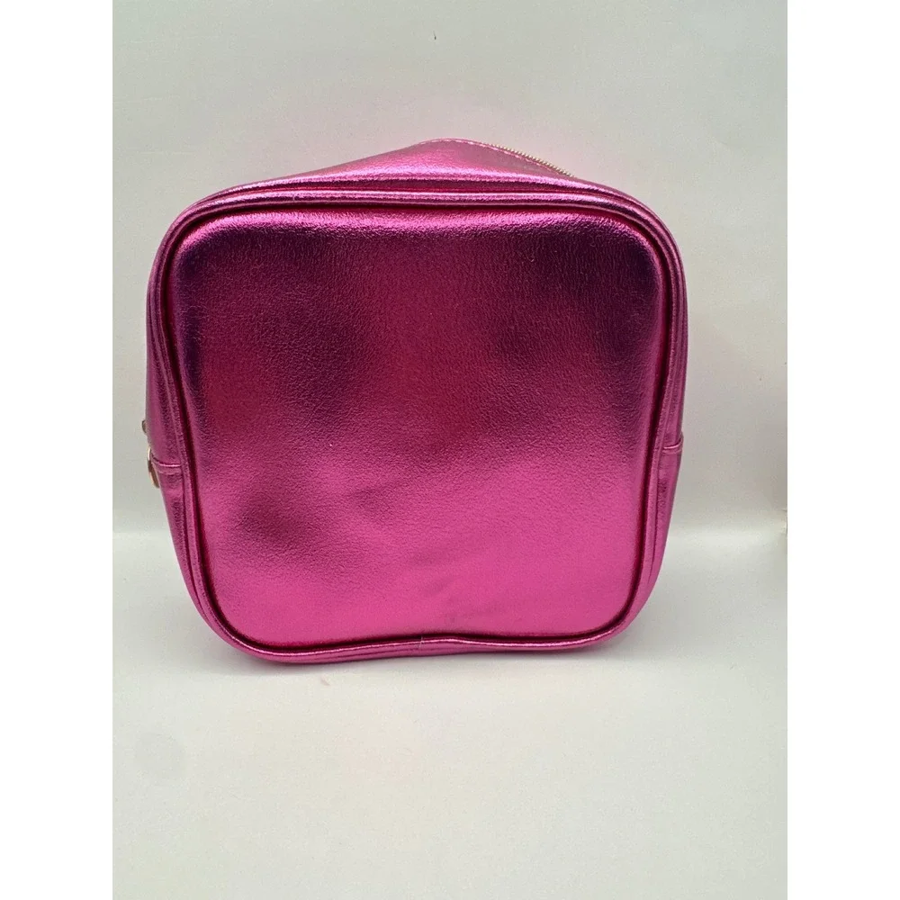 Ipsy Metallic Hot Pink Faux Leather Makeup Bag Gold Ring Handle Square‎ Pouch